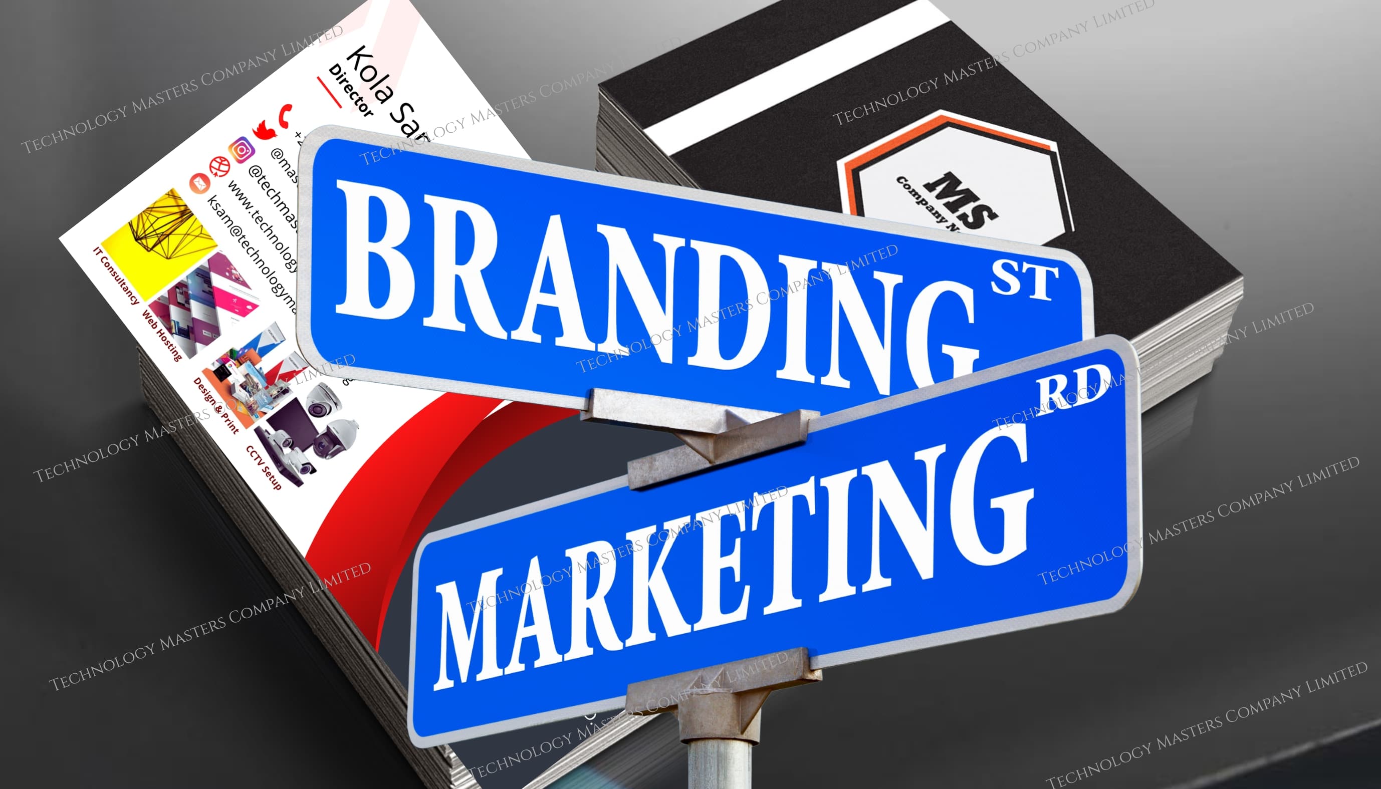 Technology Masters branding and marketing showcase with business cards and marketing visuals